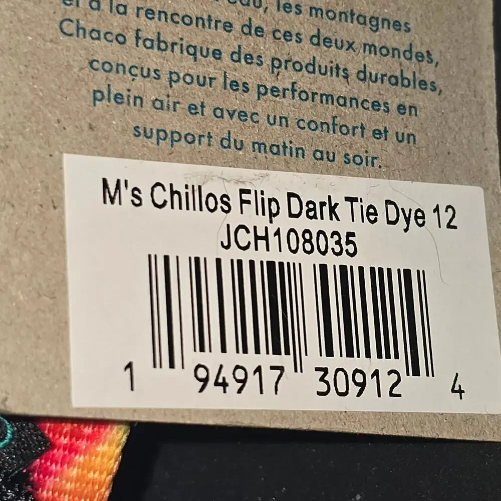 NWT, Chaco Men’s Chillos Flip Dark Tye Dye Sandals, Size 12